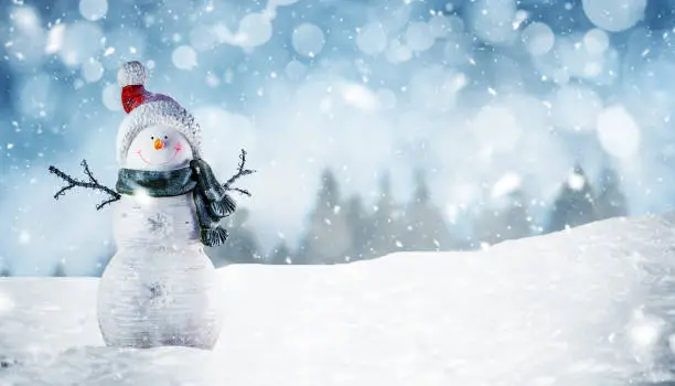 Photo of Happy Snowman in Winter Scenery