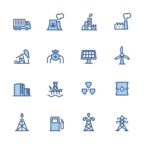 ilustrações de stock, clip art, desenhos animados e ícones de industry - pixel perfect blue outline icons - oil drum barrel fuel storage tank container