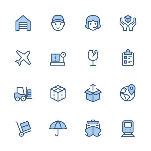 Vector illustration of Logistics - Pixel Perfect blue outline icons