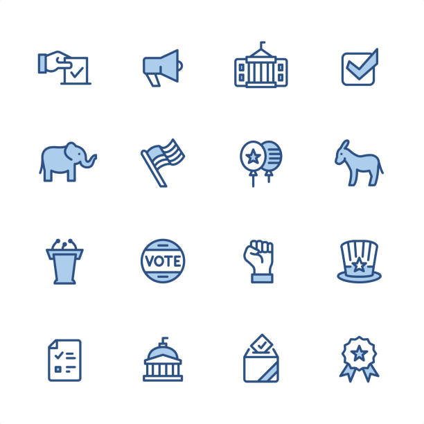 Politics - Pixel Perfect blue outline icons 16 indigo and blue Politics & Election icons set #11
Pixel perfect icon 48x48 pх, outline stroke 2 px.

First row of  icons contains:
Human hand and Voting, Public Speaker, White House - Washington DC, Check mark in checkbox;

Second row contains: 
Republican Party, American Flag, Balloon icon, Democratic Party;

Third row contains: 
Tribune with microphone, Label Vote, Protest Fist, American Hat; 

Fourth row contains: 
Voting Ballot, Capitol Building, Voting Ballot Box, Award with Star shape.

Complete Indigico collection - https://www.istockphoto.com/collaboration/boards/t5bVQfKvf0a-h6WHcFLuIg democratic party usa illustrations stock illustrations