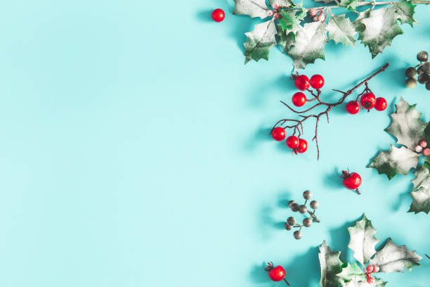 istock Christmas composition. Frame made of christmas plants on blue background. Flat lay, top view, copy space 1182603189