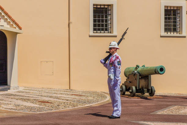 Monte Carlo, Monaco - June 13, 2019 : The changing of the guard at the Prince s Palace of Monaco.
