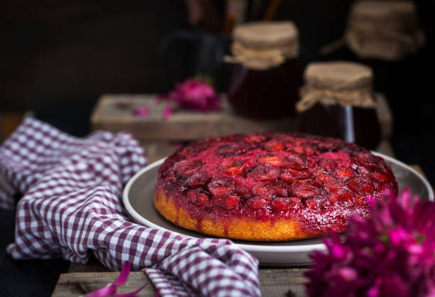 istock Fresh homemade upside-down plum cake 1182607976