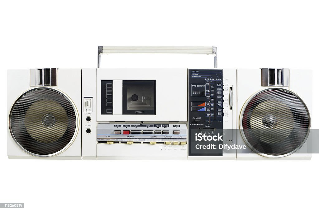 レトロなホワイトのラジオカセット機 - 大型ポータブルステレオのロイヤリティフリーストックフォト