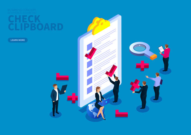 illustrazioni stock, clip art, cartoni animati e icone di tendenza di elenco appunti per il controllo del team aziendale - checkbox checklist check mark clipboard