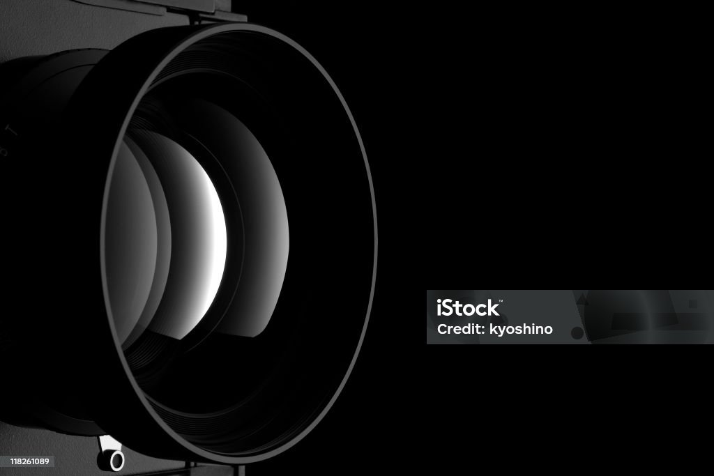 Isolated shot of professional camera lens against black background A lens for 8x10 inch cameras isolated on black background.  Camera - Photographic Equipment Stock Photo