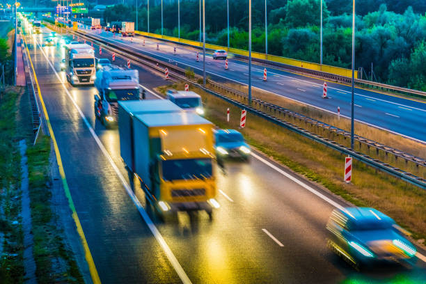 istock Trucks on four lane controlled-access highway in Poland 1182613832