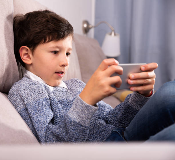 istock Preteen boy using smartphone on sofa  at home interior 1182614630