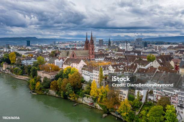 Aerial View Of Basel Switzerland Above The Rhine River Stock Photo - Download Image Now