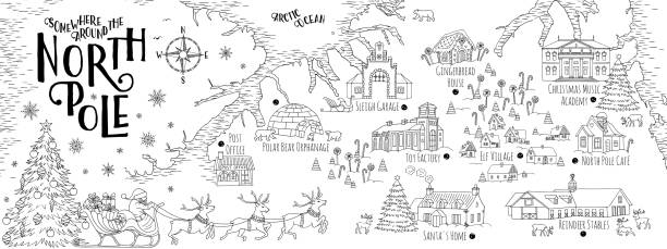 ilustraciones, imágenes clip art, dibujos animados e iconos de stock de mapa de fantasía del polo norte - christmas santa claus north pole snow