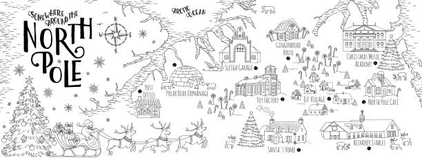 Fantasy map of the North Pole Fantasy map of the North Pole, showing the home and toy factory of Santa Claus, reindeer stables, elf village etc. - vintage Christmas greeting card template north pole stock illustrations