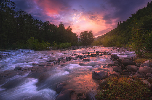 beautiful sunrise over fast flowing mountain river and trees