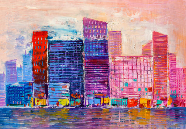 istock Abstract painting of urban skyscrapers. 1182617493