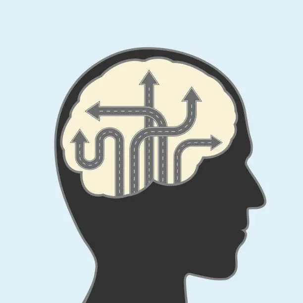 Vector illustration of Tangled roads with arrows in a human head