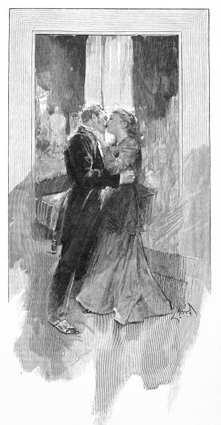 ilustrações, clipart, desenhos animados e ícones de ilustração antiga: beijando pares - love husband kissing illustration and painting