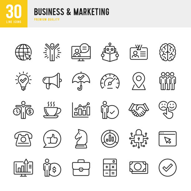 business & marketing - thin line vector icon set. pixel perfekt. set enthält symbole wie teamwork, feedback, strategie, leistung, diagramme, handshake, aktenkoffer. - efficiency finance computer icon symbol stock-grafiken, -clipart, -cartoons und -symbole