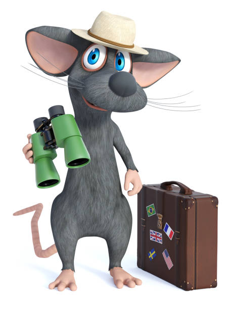 istock 3D rendering of a cartoon mouse tourist holding binoculars. 1182620319