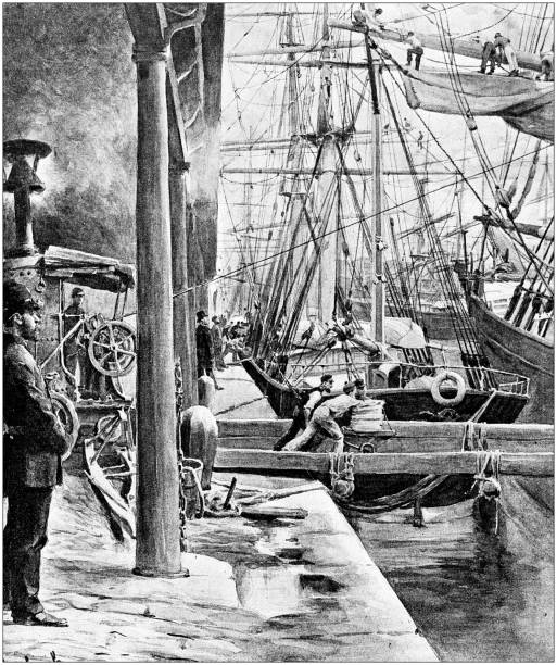 antik illüstrasyon: liverpool docks - liverpool stock illustrations