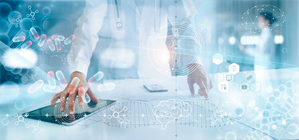 istock Medicine doctor analysis electronic medical record on interface display. DNA. Digital healthcare and network connection on hologram modern virtual screen, innovative, medical technology and network concept. 1182623026