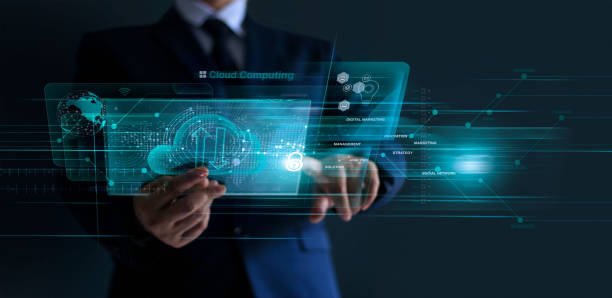 istock Businessman working financial trading and digital marketing with a cloud computing on modern virtual interface, cyber security, innovation and technology on dark background. 1182623035