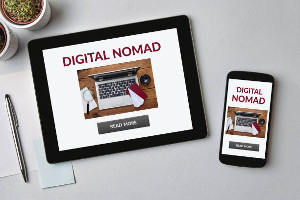 istock Digital nomad concept on tablet and smartphone screen 1182625331