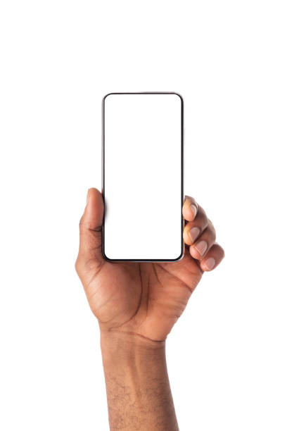 istock Modern frameless smartphone with blank screen in african man's hand 1182629260