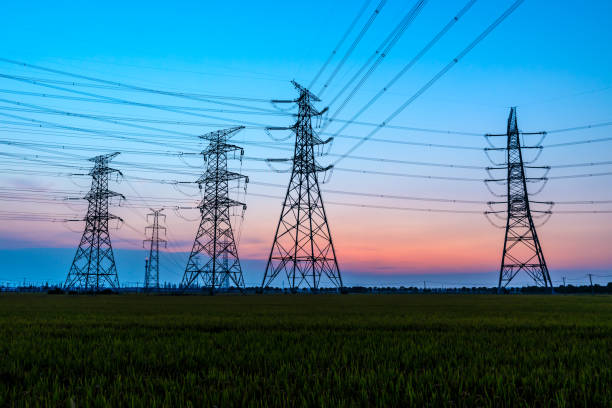 istock Electricity tower silhouette and sky landscape at dusk 1182629897