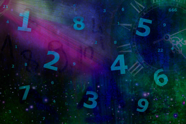 istock Space background with numbers and wall clocks 1182630043
