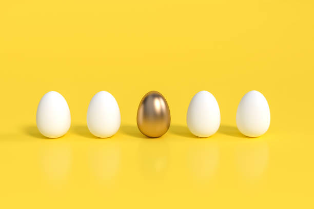 istock Golden egg in row isolated on yellow background 3d rendering 1182632907