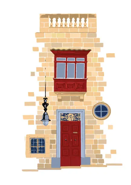 Vector illustration of Part of traditional maltese house made of sandy stone bricks with red doors and balcony.