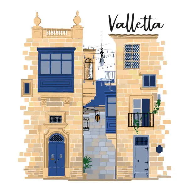 Vector illustration of Parts of two traditional maltese houses in Valletta made of sandy stone bricks with various doors, windows and balconies