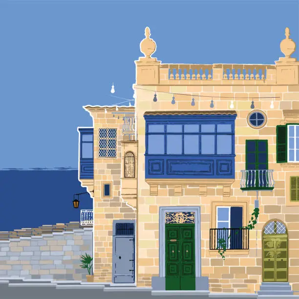 Vector illustration of Traditional maltese Valletta houses made of sandy stone with a sea on the background.