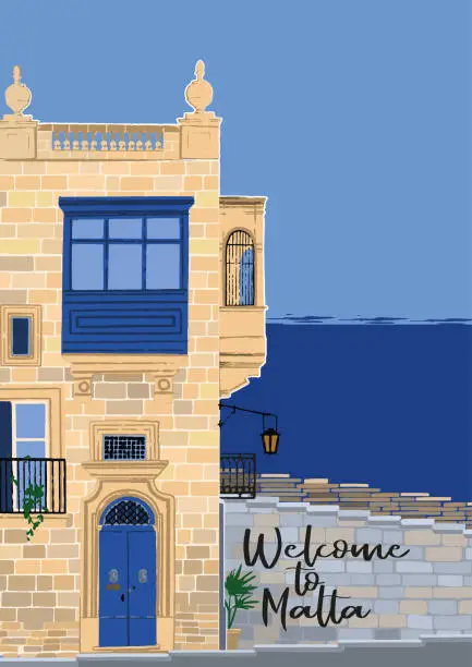 Vector illustration of Traditional maltese Valletta house made of sandy stone with a sea on the background.