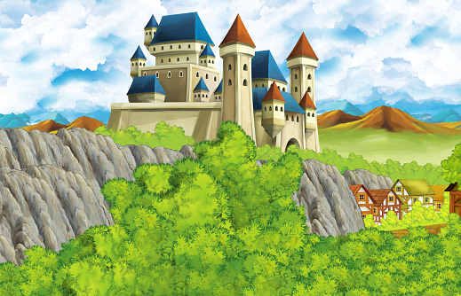 Cartoon Scene With Kingdom Castle And Mountains Valley Near The Forest And  Farm Village Stock Illustration - Download Image Now - iStock