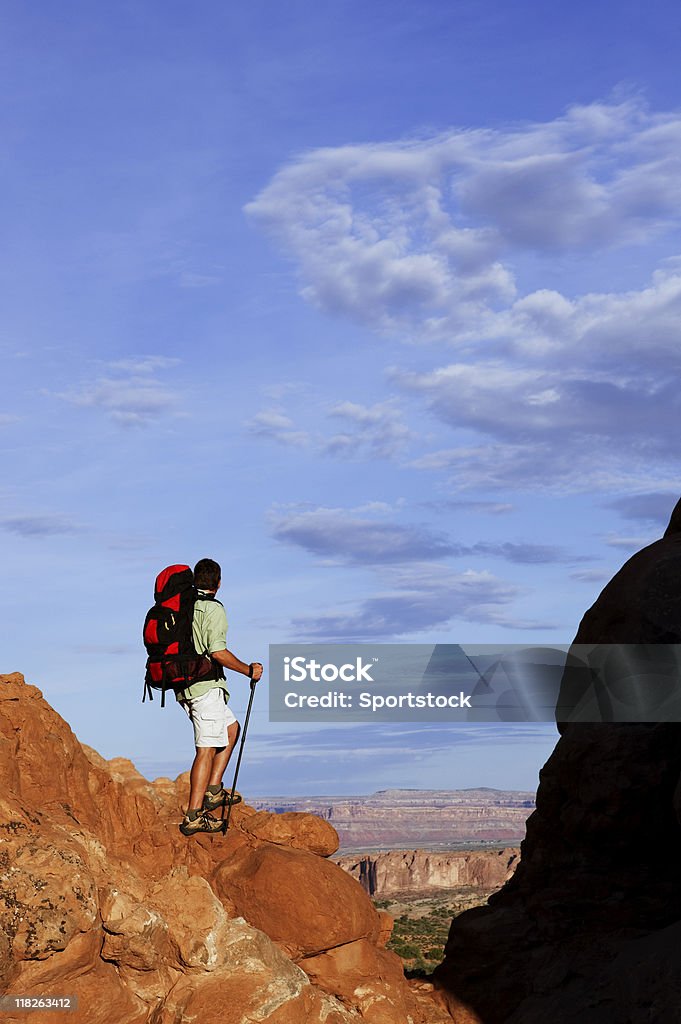 Masculino alpinista de pé no Rocky Ledge Olhando para Vista espetacular - Foto de stock de Adulto royalty-free