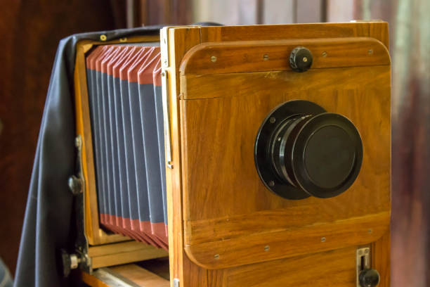 istock Old camera with a wooden body, close-up 1182634312
