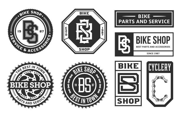 ilustrações de stock, clip art, desenhos animados e ícones de set of vector bike shop, bicycle part and service logo - bmx cycling illustrations
