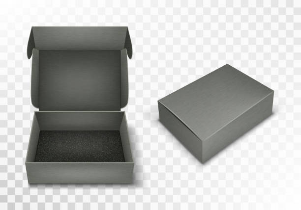 Gray blank cardboard box with flip top, realistic Gray blank cardboard box with flip top, realistic vector illustration. Rectangular caton pack with open and closed hinged lid, isolated on transparent background. Empty gift package box container stock illustrations