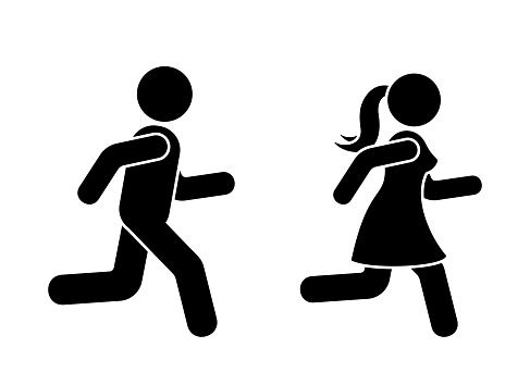 Stick figure man and woman running icon vector pictogram. Boy and girl competition sign silhouette on white background
