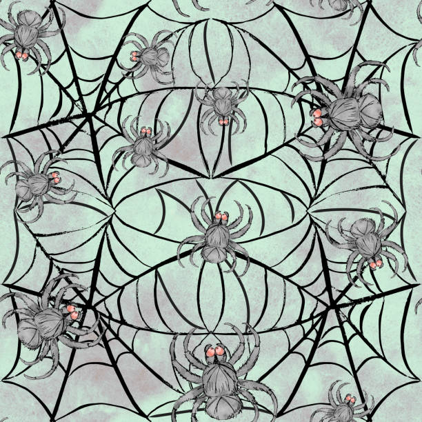 istock Watercolor hand drawn artistic  spooky Halloween black spider net  cartoon  vintage seamless pattern 1182636609