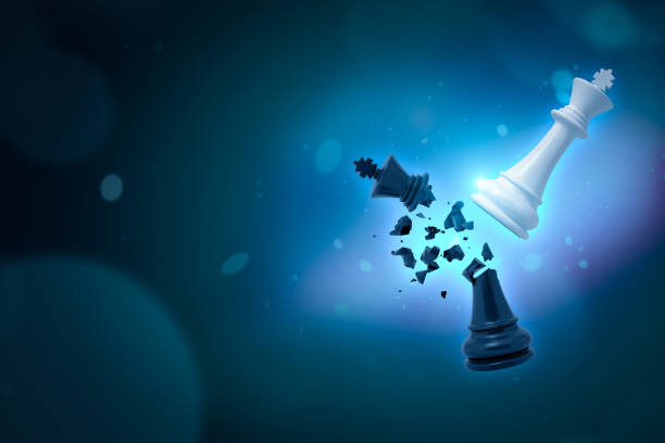 istock 3d rendering of white chess king breaking black chess king on dark neon blue background 1182639452