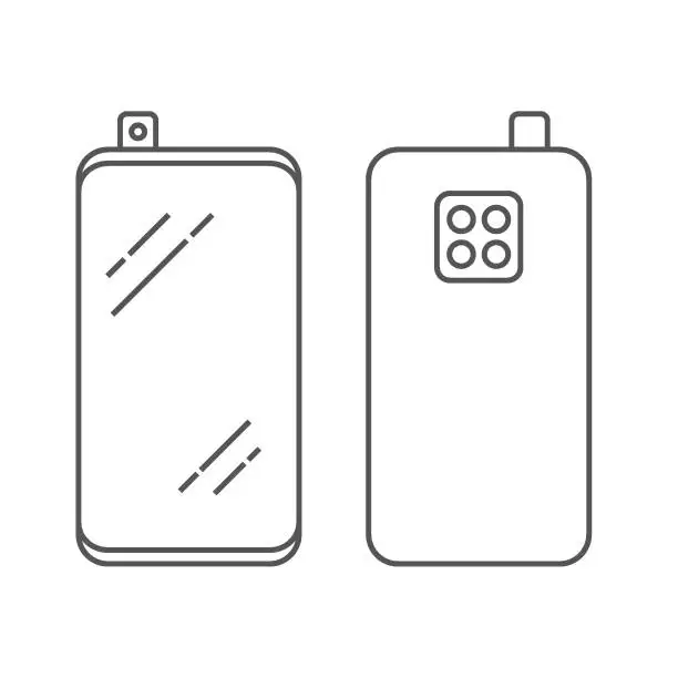 Vector illustration of Linear image of smartphone with retractable camera and unit from four cameras on the back side of the smartphone. Smart phone design - vector illustration. EPS 10.