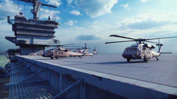 helicópteros militares blackhawk decolar de um porta-aviões no dia claro no mar azul sem fim. renderização 3d - veículo aquático militar - fotografias e filmes do acervo