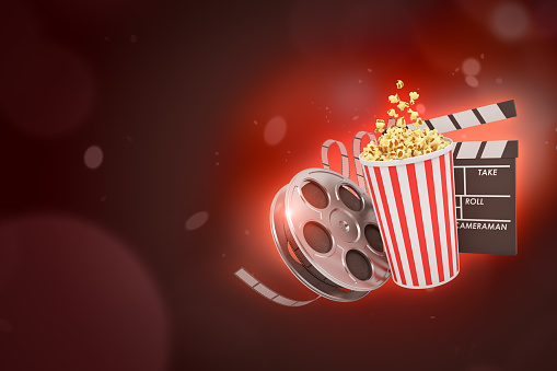 3d rendering of retro film reel, pop corn bucket and clapperboard on crimson bokeh background with copy space. Cinematography. First night. Movie advertising.