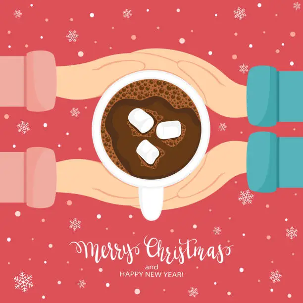 Vector illustration of Mens and Womens Hands and Christmas Coffee Cup