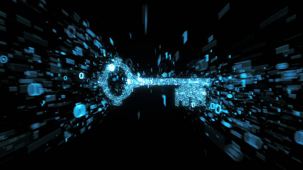 Blue key in space with digital information streams - encryption concept and cyber hacking vector art illustration