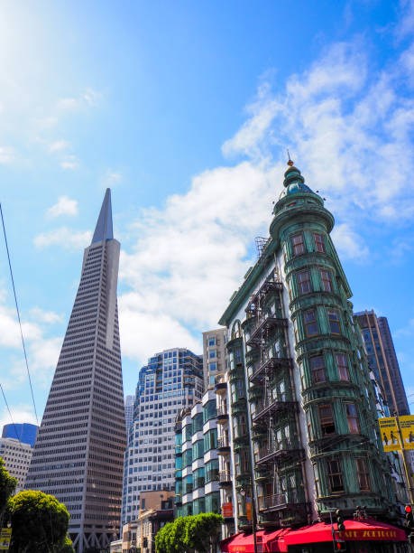 transamerica-pyramide und columbus-turm in san francisco, usa - columbus tower stock-fotos und bilder