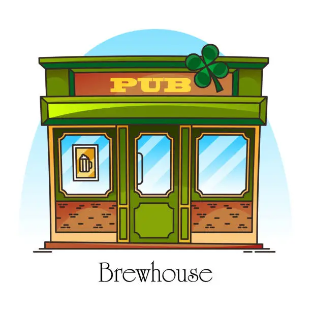 Vector illustration of Bar or pub facade in thin line. Brewery, brewhouse