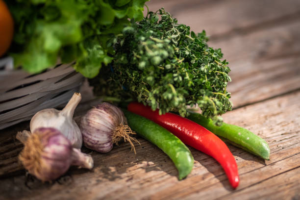 Creative layout of different fresh vegetables on a table