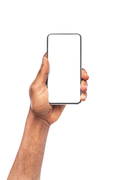 istock Black man's hand demonstrating modern frameless smartphone with blank screen 1182646443
